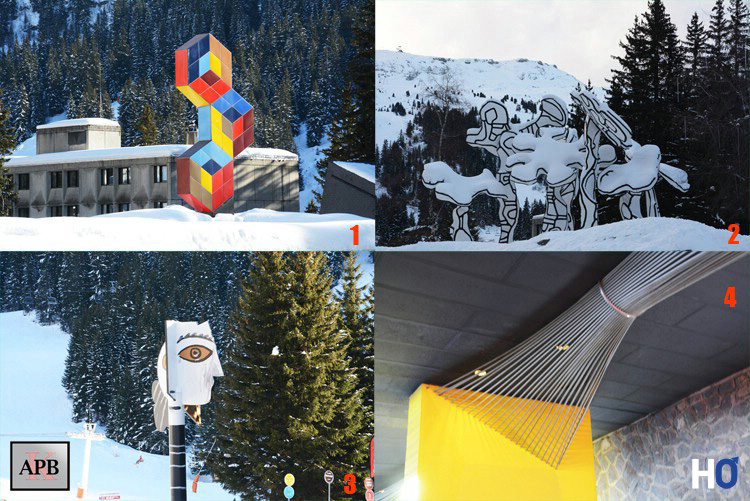 1 - Trois Hexagones de Vasarely. 2 - Le Boqueteau des 7 arbres de Dubuffet. 3 - Tête de femme de Picasso. 4 - Faisceaux à tiges d'acier de Davos Hanich.