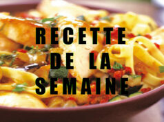 Tagliatelles au poulet et légumes grillés.