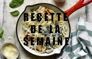 Spaghettis aux poulet, épinards, champignons et fromage